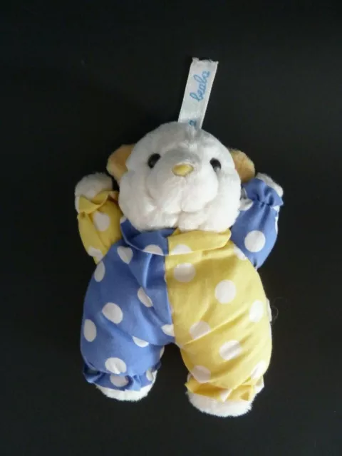 X6- DOUDOU PELUCHE BEABA OURS BLEU JAUNE POIS BLANC HOCHET GRELOT 20cms - TBE 2