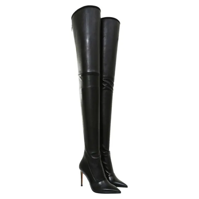 36.5/6.5❤️BALMAIN BLACK Stretch LEATHER OVER KNEE Thigh High HEEL BOOTS ITALY