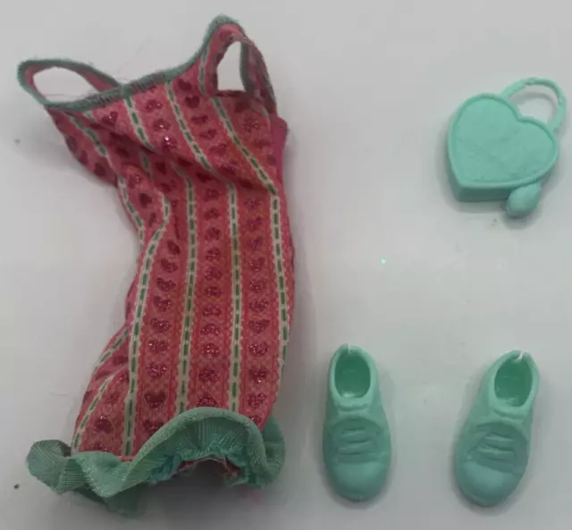 Mattel Barbie Doll Fashionistas Outfit Pink Green Heart Print Dress Shoes Purse