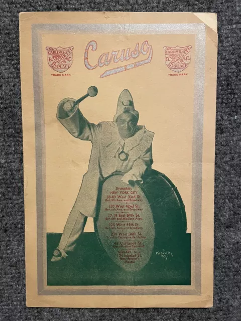 VTG Caruso Restaurant Menu 42nd Street New York NY. Clown Cover Spaghetti Eat