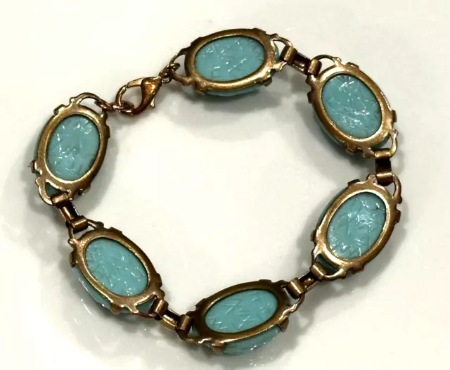 Antique Turquoise Blue Lucite Scarab Beetle Egyptian Revival Bracelet Art Deco 2