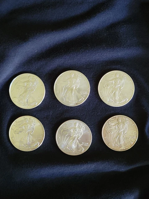 Silver Eagles Lot. 6 Silver Eagles With Slight Blemishes. Small Scoffs Marks