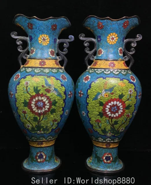 14.8" Old China Qianlong Marked Bronze Cloisonne Flower Bird Pair Ear Vase Pair