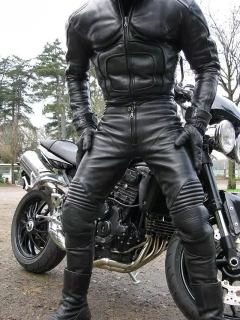 New Gay Bluf Style Black Motorbike Motorcycle Racing Cowhide Leather Biker Suit