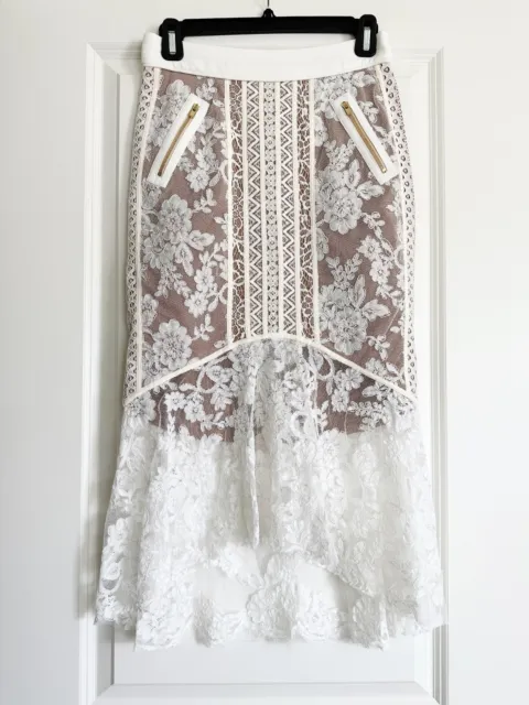 NWT Three Floor Ace of Lace White Midi Skirt Size 4 UK8 $350.