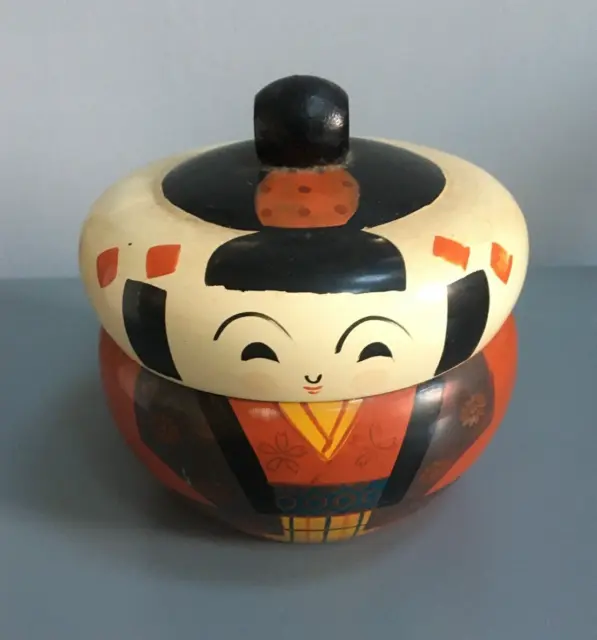 Antique/Vintage Japanese Lacquered Wood Kokeshi Doll Trinket Keepsakes Box