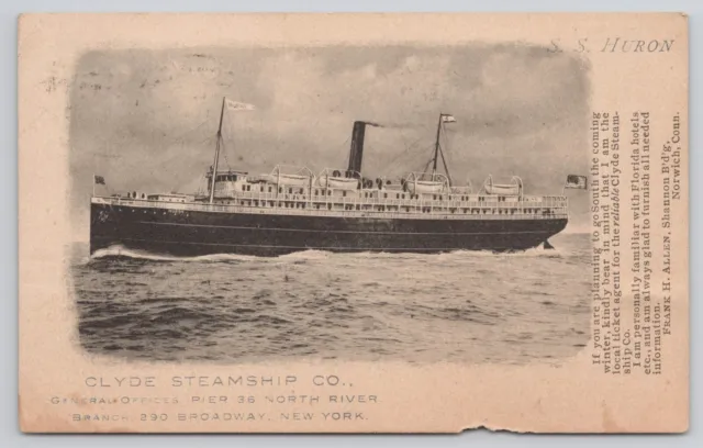 1906 S.S. Huron, Clyde Steamship Co. New York Antique Postcard Steamer, Boat