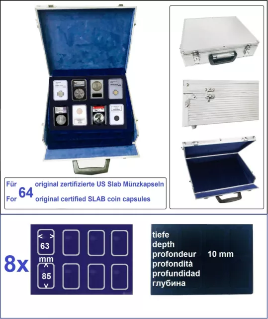 ALU valise monnaies Slabs 8 Tableaus 64 Pour US Slab Coin Safe 208-8 Premium