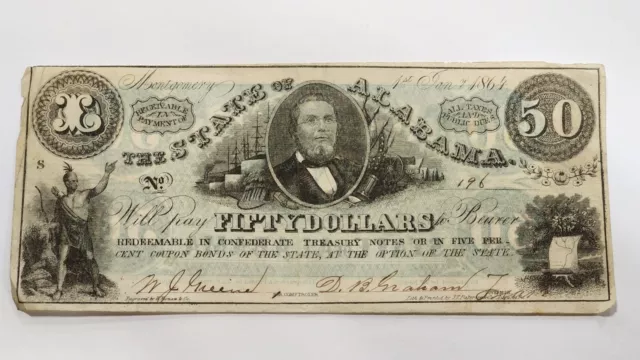 1864  "$50.00 Dollar" The State Of Alabama Currency~ Nice Note~