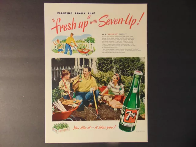 1949 SEVEN-UP 7up Fresh Up! Family gardening Dog vintage art print ad