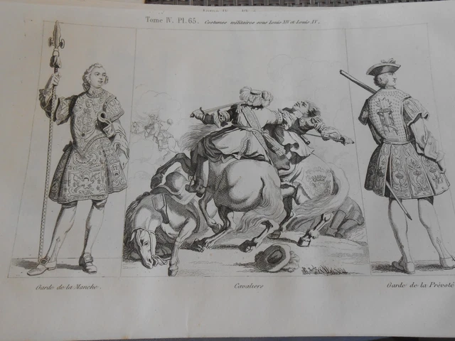 GRAVURE 1841 - Costumes Militaires sous Louis XIV cavaliers Garde de la