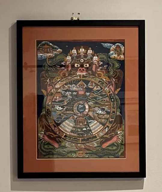 Framed Vintage Hand painted Nepalese Wheel of Life painting