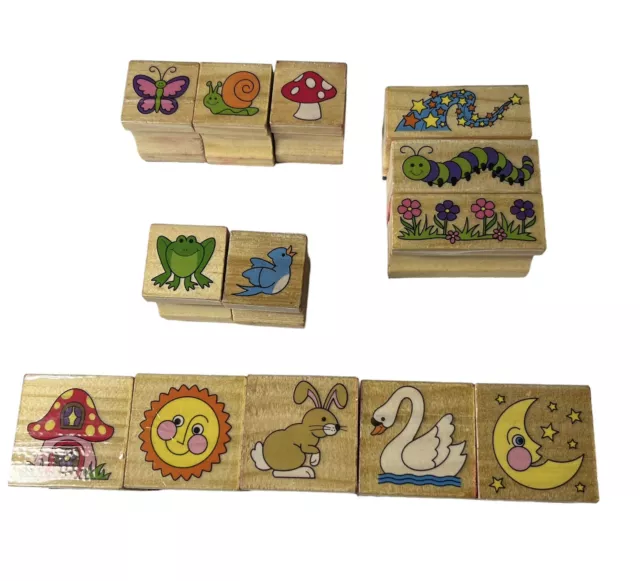 Rubber Stamp Lot Mushroom Butterfly Flower Sun Moon Bird Frog Wood Mounted +More