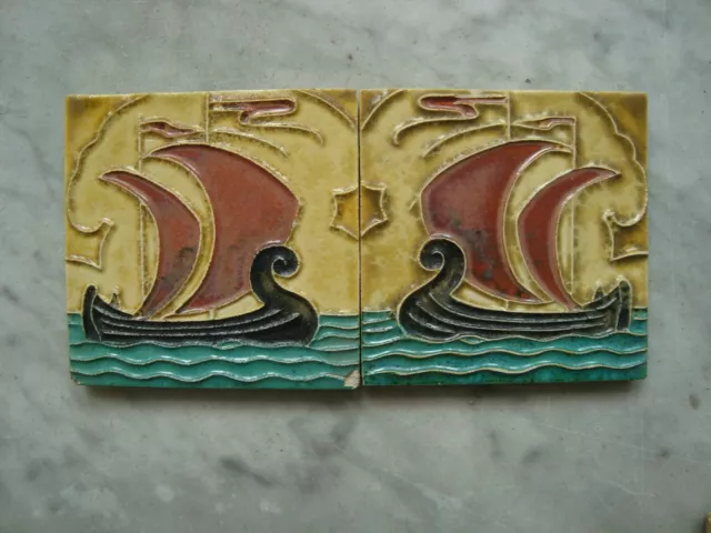 2 mirrored Royal Delft Cloisonne tiles with viking ship porceleyne fles