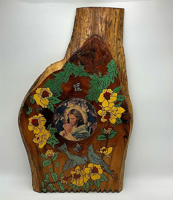 VINTAGE LIVE EDGE Wood Slab Hand painted Wall Hanging Jesus Picture