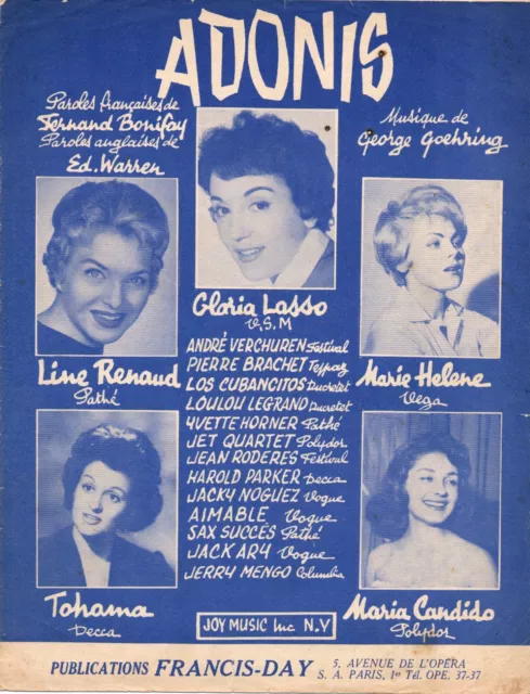 Partition cht piano acc gt GF 1959 - Adonis - Gloria LASSO, Line RENAUD, TOHAMA