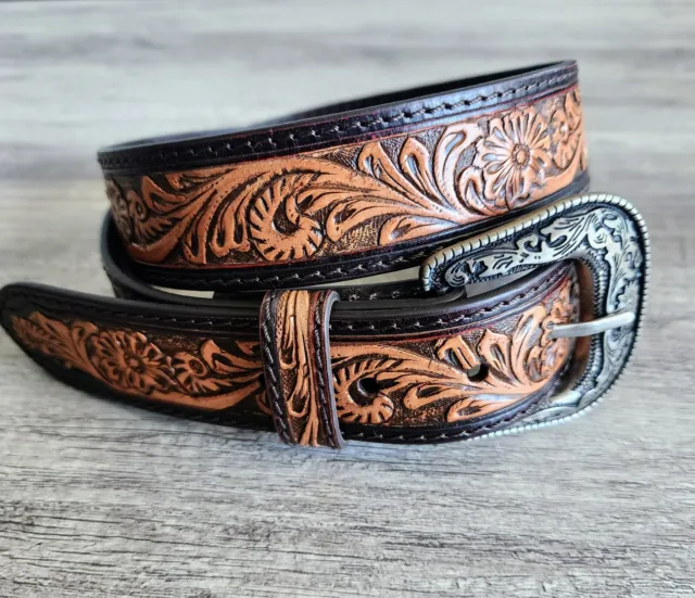 Western Genuine Leather Belt Tooled Floral Basket Weave Ranger Rodeo Size 36