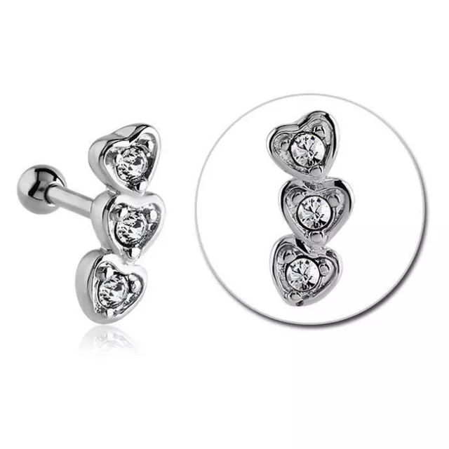 316L Surgical Steel Ear Cartilage Helix Tragus Earring Ring Clear CZ Hearts 16G