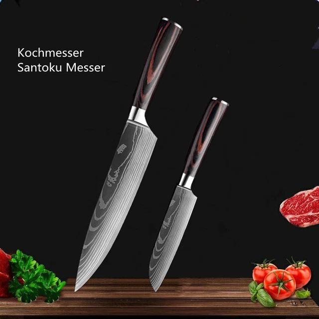 2 Stück Küchenmesser Set Edelstahl Damaskus Muster Scharf Kochmesser Geschenk DE