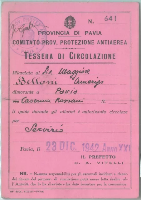 87125 - Vintage document DOCUMENTO D'EPOCA: Tessera  PROTEZIONE ANTIAEREA Pavia