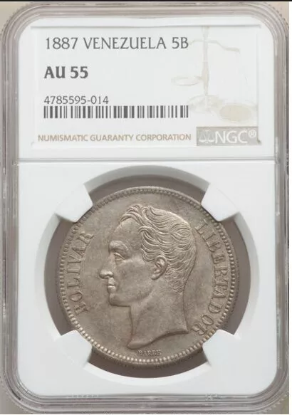 1887 Venezuela 5 Bolivares NGC AU 55 Silver Coin, 25 Gr- Very Rare - USA Seller