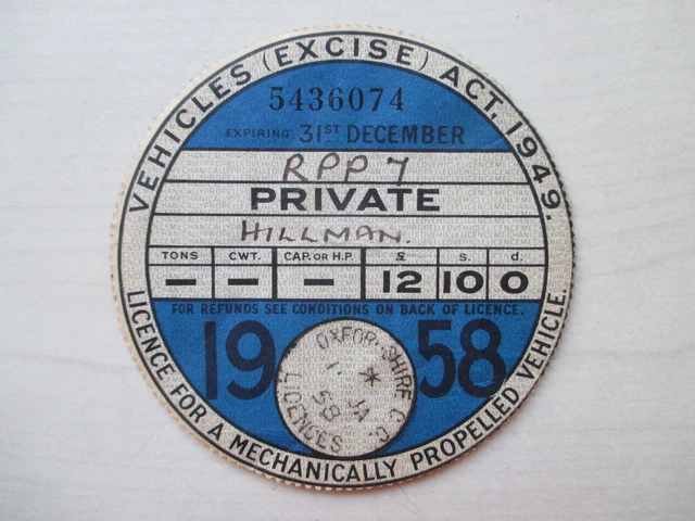 TAX DISC - Old Vintage Vehicle License - Annual December 1958 Private