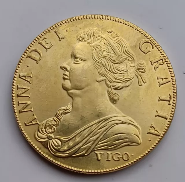 1703 Queen Anne Five Guineas, Beautifully 22 Karat GOLD plated, Original Size.