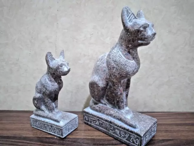 7 &9 in Set of 2 Goddess Bastet Cat Isis EGYPTIAN Statue  Heavy Granite Stone