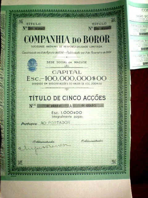 Companhia do Boror,  Portuguese Mozambique share certificate