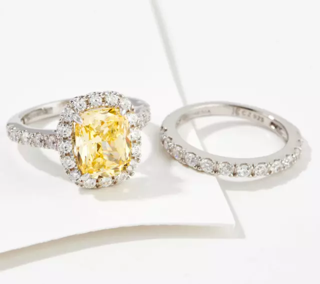 Diamonique Canary , CZ Cushion Halo Bridal Set Band Ring Size 7 Sterling Silver