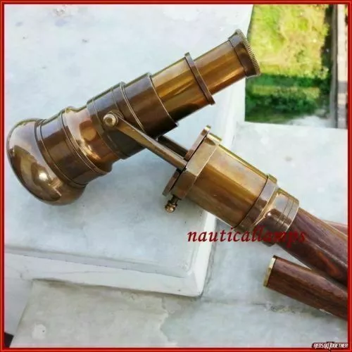 Brass Brown Finish Hidden Spyglass Scope Telescope Wooden Walking Cane Stick