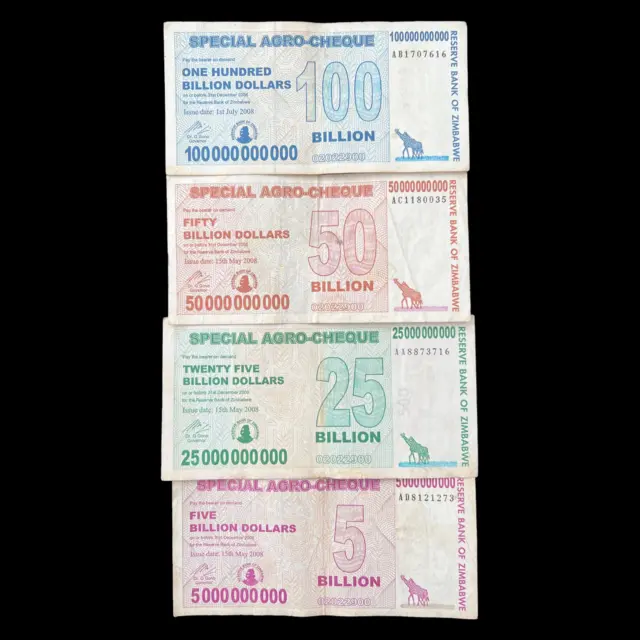 Zimbabwe 5, 25, 50, 100 Billion Dollar Special Agro Cheques Bill Banknote Money