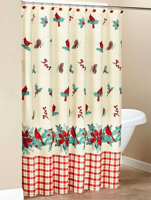 Cardinal Bird Garland Shower Curtain Winter Holiday Holly Berry Poinsettia NEW