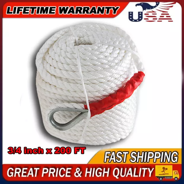 3/4"x200' Twisted Three Strand Nylon Anchor Rope Boat w/ Thimble Sailboat TU New