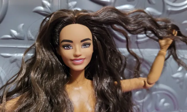 Nude Hybrid Barbie Doll, Petite, Brown Wavy Long hair, Made to Move Body, Mattel