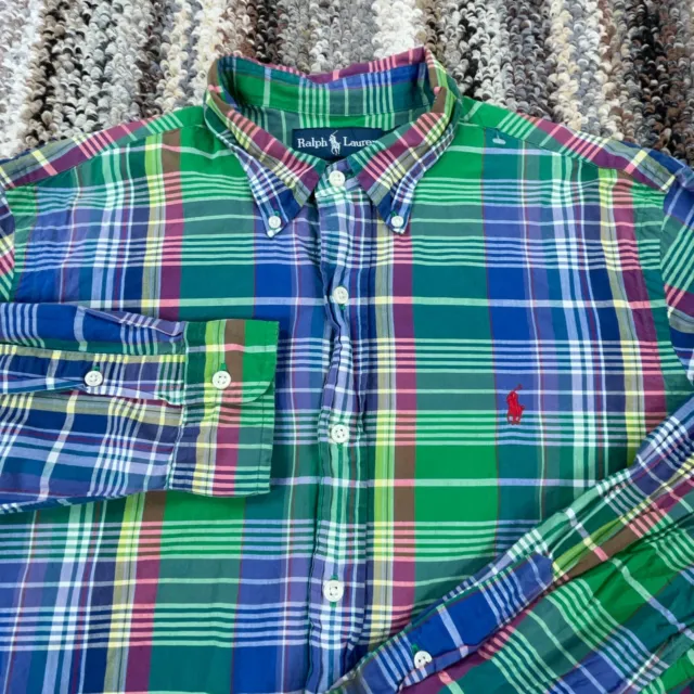 Ralph Lauren Shirt Men Large Green Pink Multi Plaid Button Up Custom Fit Dress