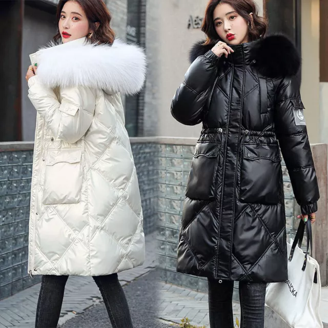 New Womens Ladies Quilted Winter Coat Puffer Fur Collar Hooded Jacket Parka Size