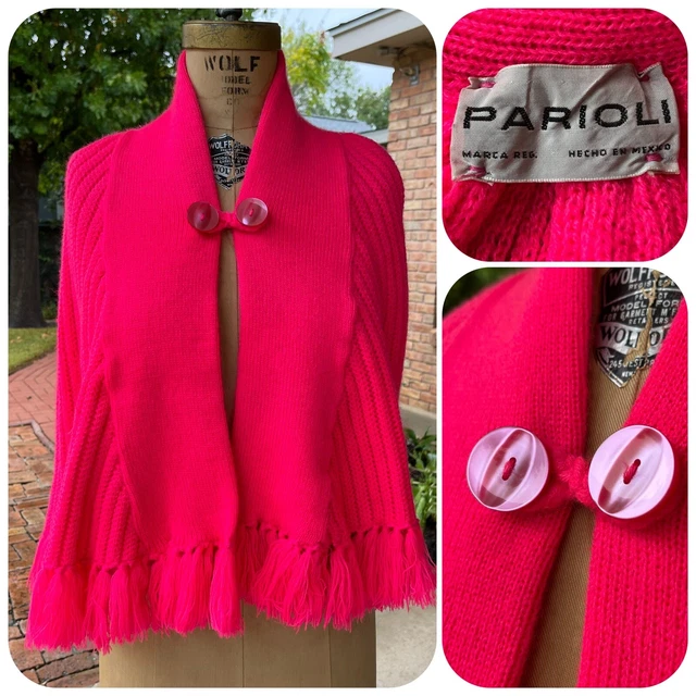 Hi-Liter Hot Pink Pariolo Poncho Sweater Cape Capelet Fringe Tassel Granny VTG