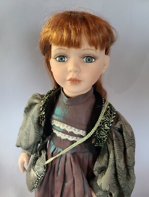 #310*-Porcelain 18" Victorian  Style Doll  Red Hair Blue Eyes In Green And White