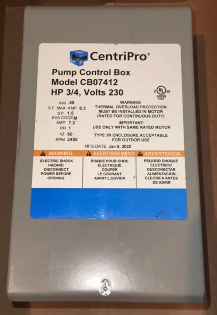 CentriPro Pump Control Box CB07412 3/4 HP, 230 Volts