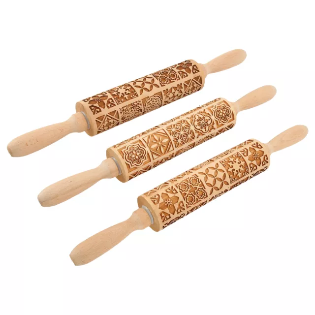 3pcs Hölzerne Geprägte Rolling Pin Backen Graviert Prägen Teig Roller Tool ◕