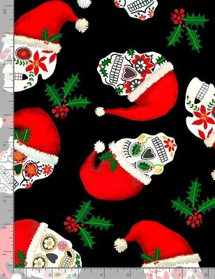 Christmas Fabric - Sugar Skulls in Santa Hats Black - Timeless Treasures YARD