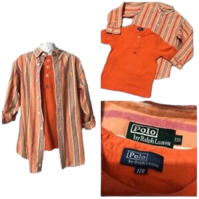 Ralph Lauren Shirt Girls Orange Long Sleeve Button Up-Mesh T shirt Logo AGE 7-8