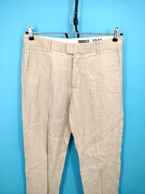 H&M 100% Linen Pants Mens 33x30 Beige Chino Khaki Loose Straight Lightweight EUC