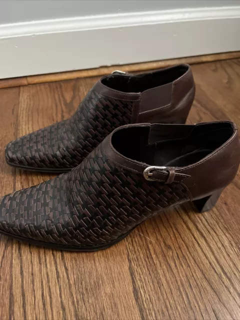 Brighton Brown Ankle Booties Womens Turner 7.5 M Leather Slip-On Woven Heeled