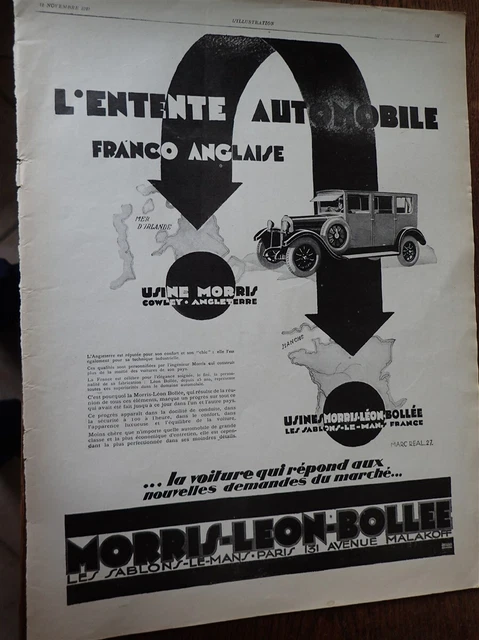 MORRIS LEON BOLLEE lLe Mans voiture 28 publicité papier ILLUSTRATION 1927