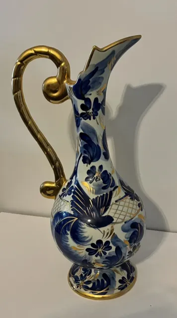 Hubert Bequet Quaregnon Belgium Large Hand Crafted Pottery Blue And Gold Vase