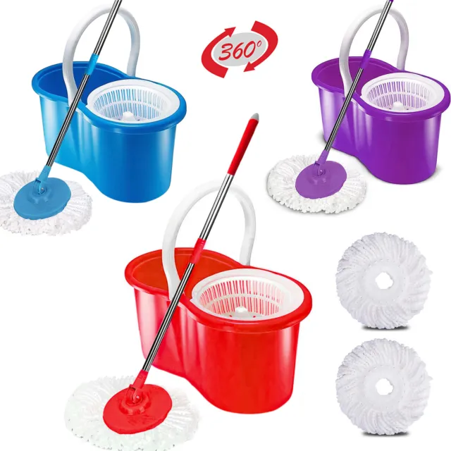 360° Floor Magic Spin Mop Bucket Set Microfiber Rotating Dry Heads With 2 Heads