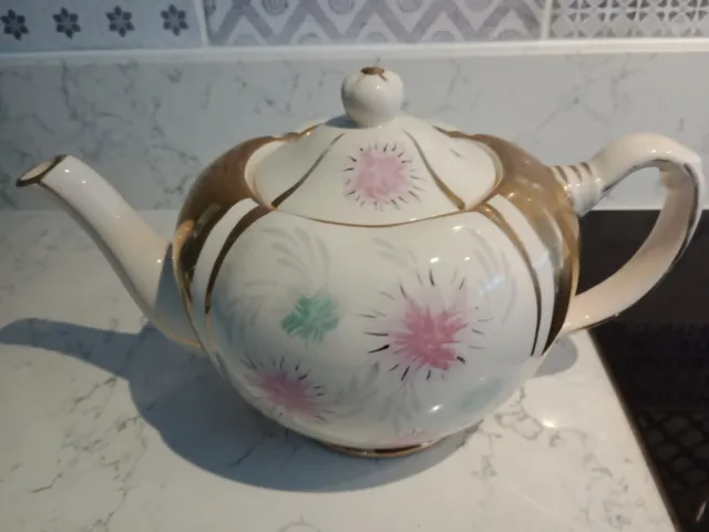 Price Bros. Teapot Cream Pink Green Flowers with Gold Gilding, Rare, England