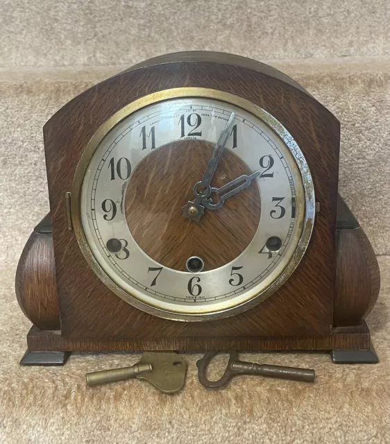 Antique Wooden Chiming Mantel Clock Retailed By Camerer Cuss Art Deco Style